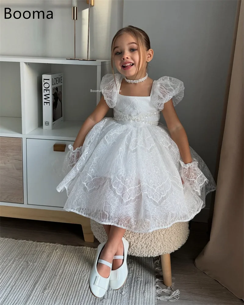 Booma Flowers Girl Dresses Tulle Lace Short Sleeve Wedding Party Dress for Kids Girls Prom Gowns Customized