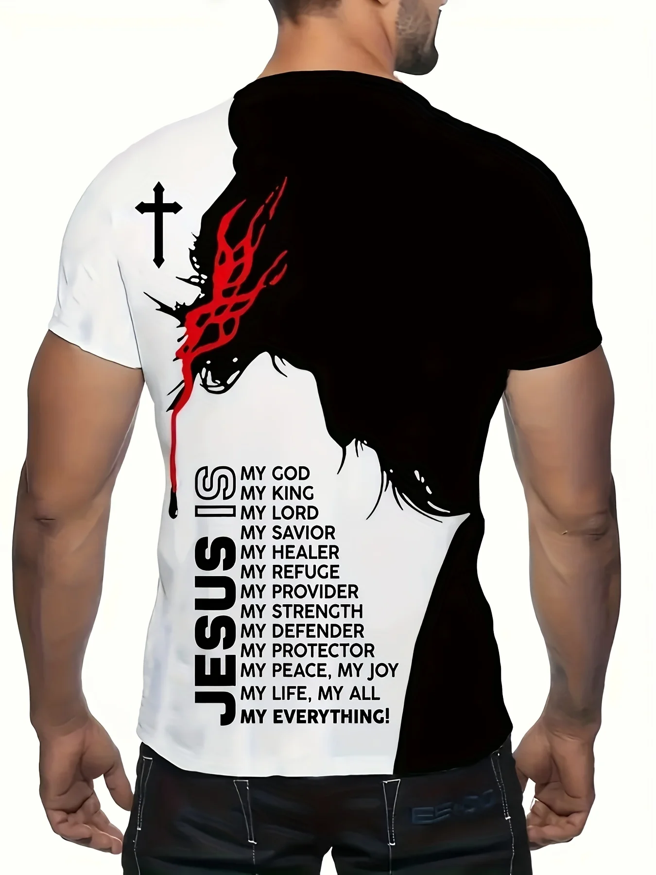 1pc Men'S Casual Polyester T-Shirt with 3D Jesus Graphic Print,Crew Neck,Short Sleeve,Slight Stretch Knit Fabri image 2
