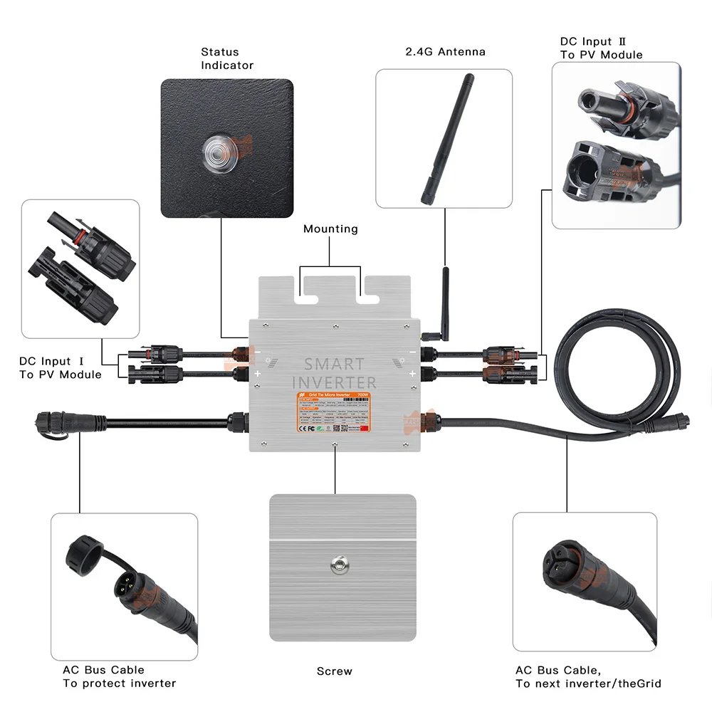 Konverter Inverter mikro pintar Grid Tie Solar portabel 700W MPPT 18V-50VDC ke 80V-280VAC untuk 300-350W PV, pengiriman dari EU Brasil AS