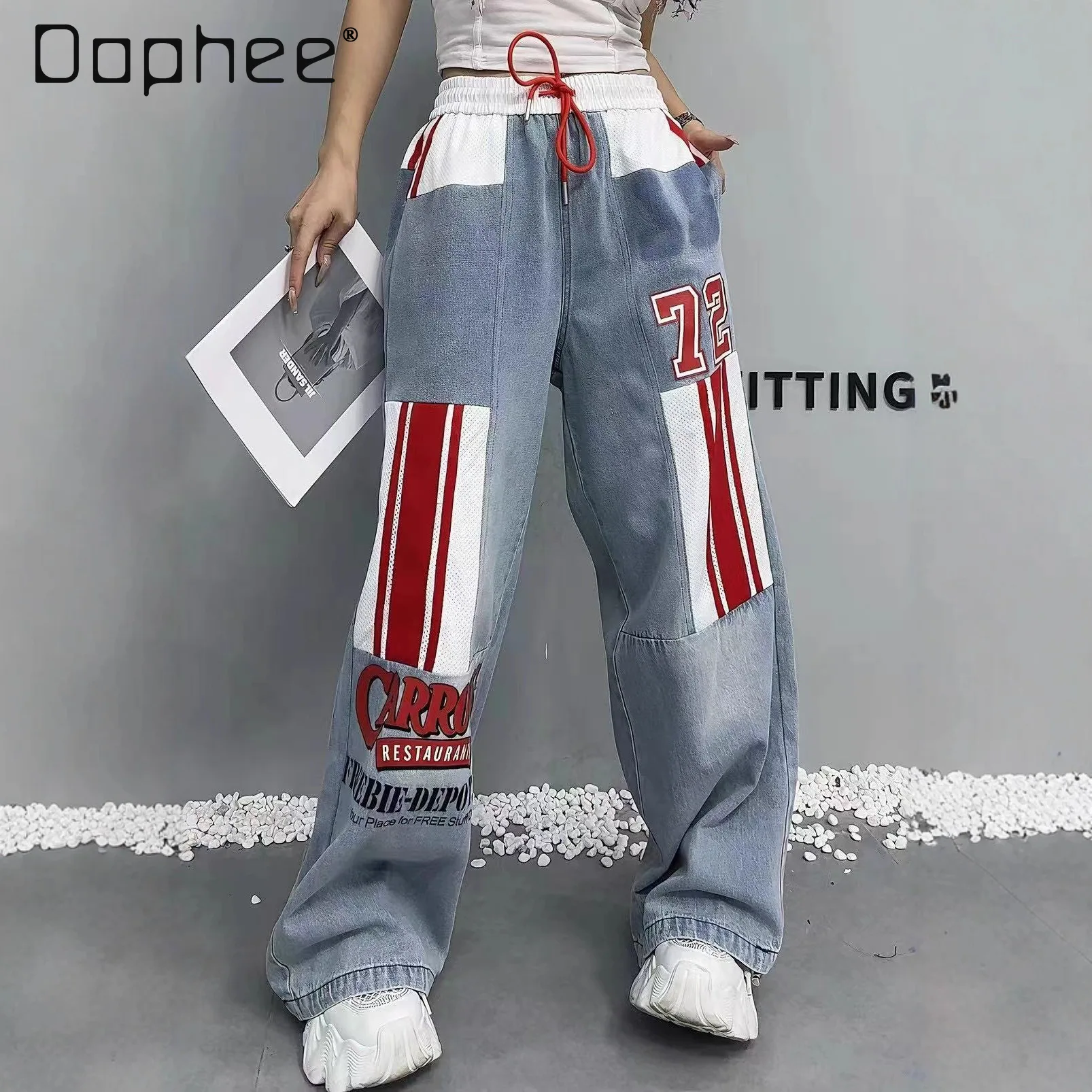 

Новинка осени 202, женские джинсы с уникальным буквенным принтом, белые контрастные рваные длинные брюки с эластичной резинкой на талии, винтажные джинсы-бойфренды