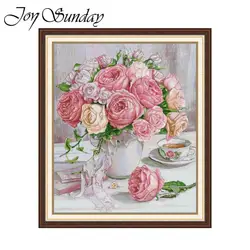 Joy Sunday Cross Stitch Kit Roses In Full Bloom HD Pattern Printed Counted Fabric Aida 16/14/11CT DIY Embroidery Set Home Decor