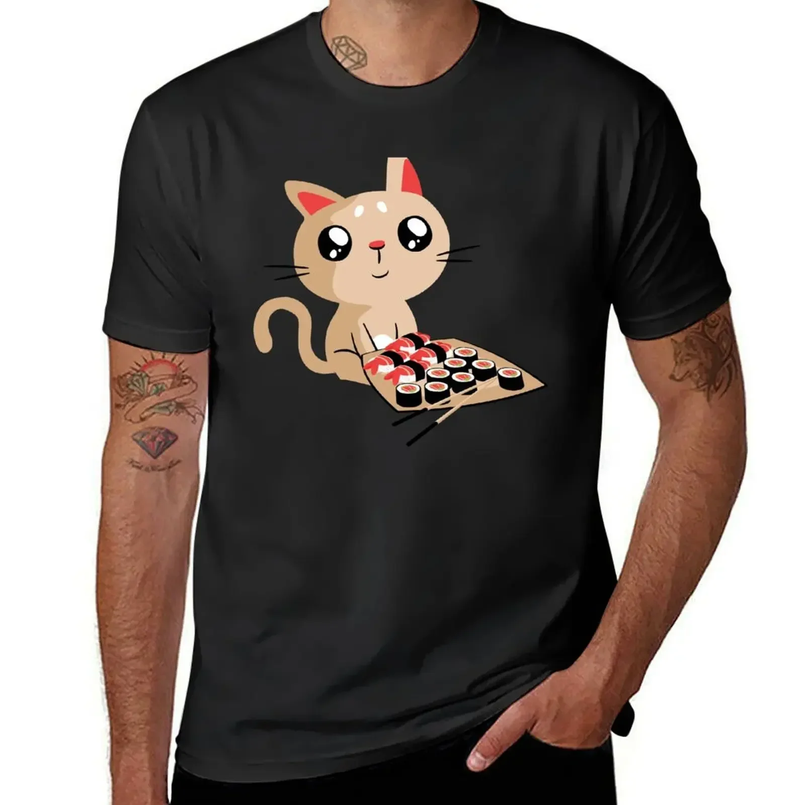 

Cute Cat With Sushi Rolls T-Shirt anime tshirt vintage plain mens graphic t-shirts anime