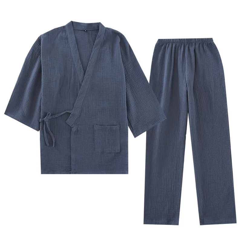 Erkekler ve kadınlar 100% pamuk Pijama artı boyutu gevşek bornoz v yaka Kimono Pijama Mujer üç çeyrek Pijama çift Loungewear