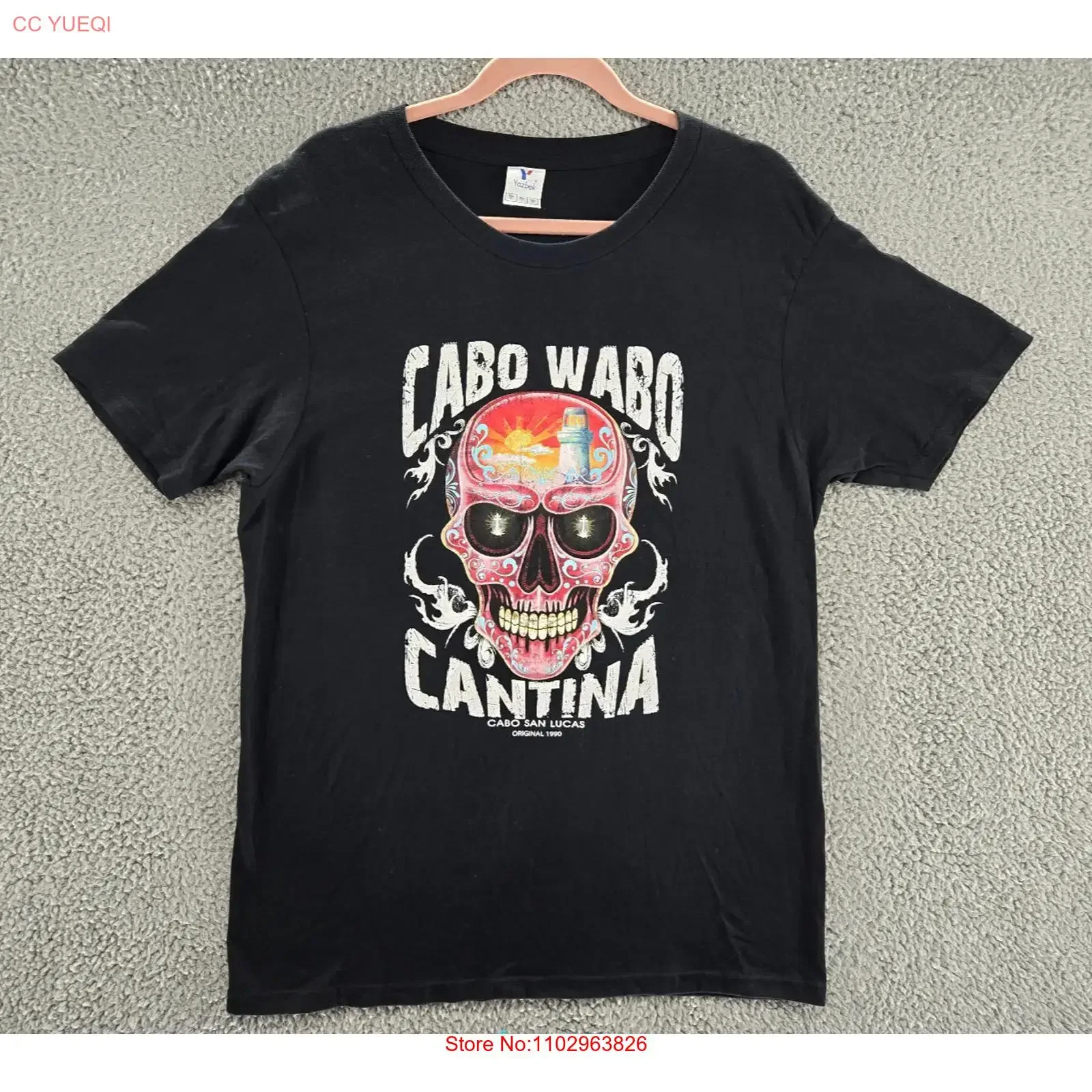 Camiseta Vintage Cabo Wabo Cantina para Hombre, Talla Grande, Estilo Y2K, San Lucas México, Negra, con Diseño de Calavera, Lavada, Ligeramente Desgastada