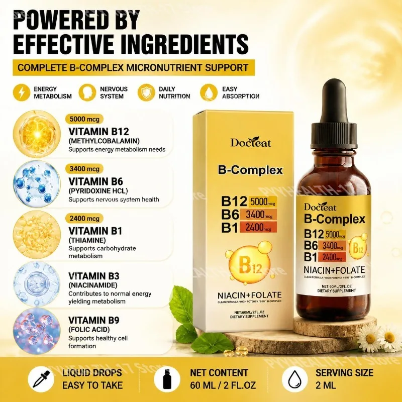 Docteat B Complex Liquid Drops B12 B6 B1 Niacin Folate Energy Metabolism and Nervous System Support for Men Women 60ml