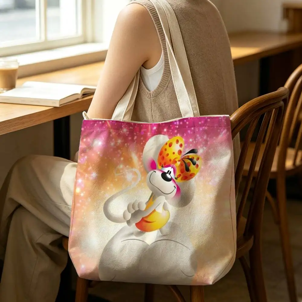 cartoon Diddl Mouse Tote Bag for Women Reusable Shopping Tote Bag Zippered Shoulder Bags Print