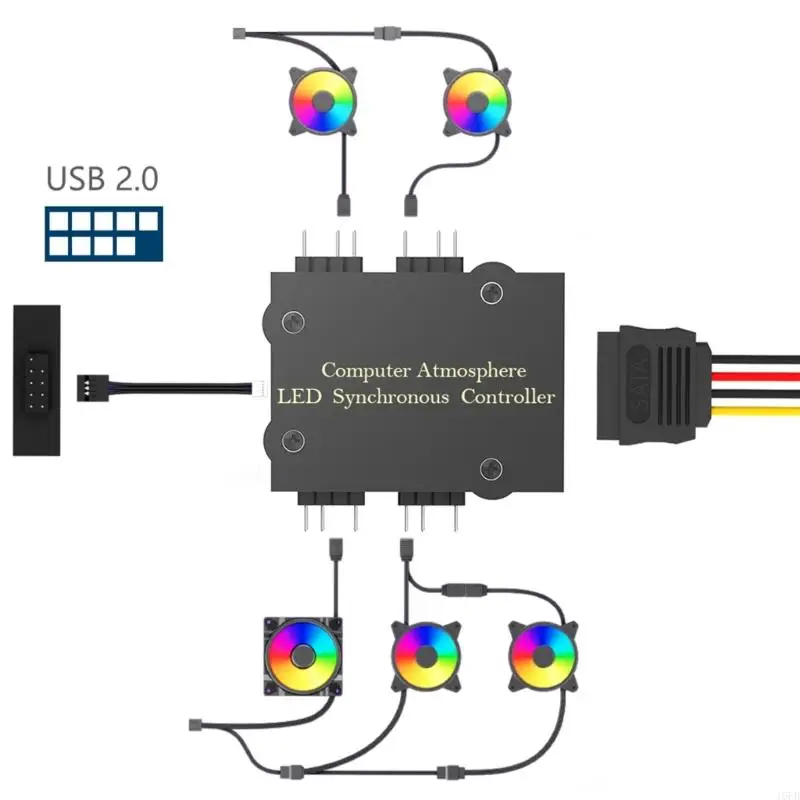 16FB 4 Port 5V 3PIN ARGB Fan LED Controller Computer Light Synchronization Controller with USB2.0 9Pin Cable