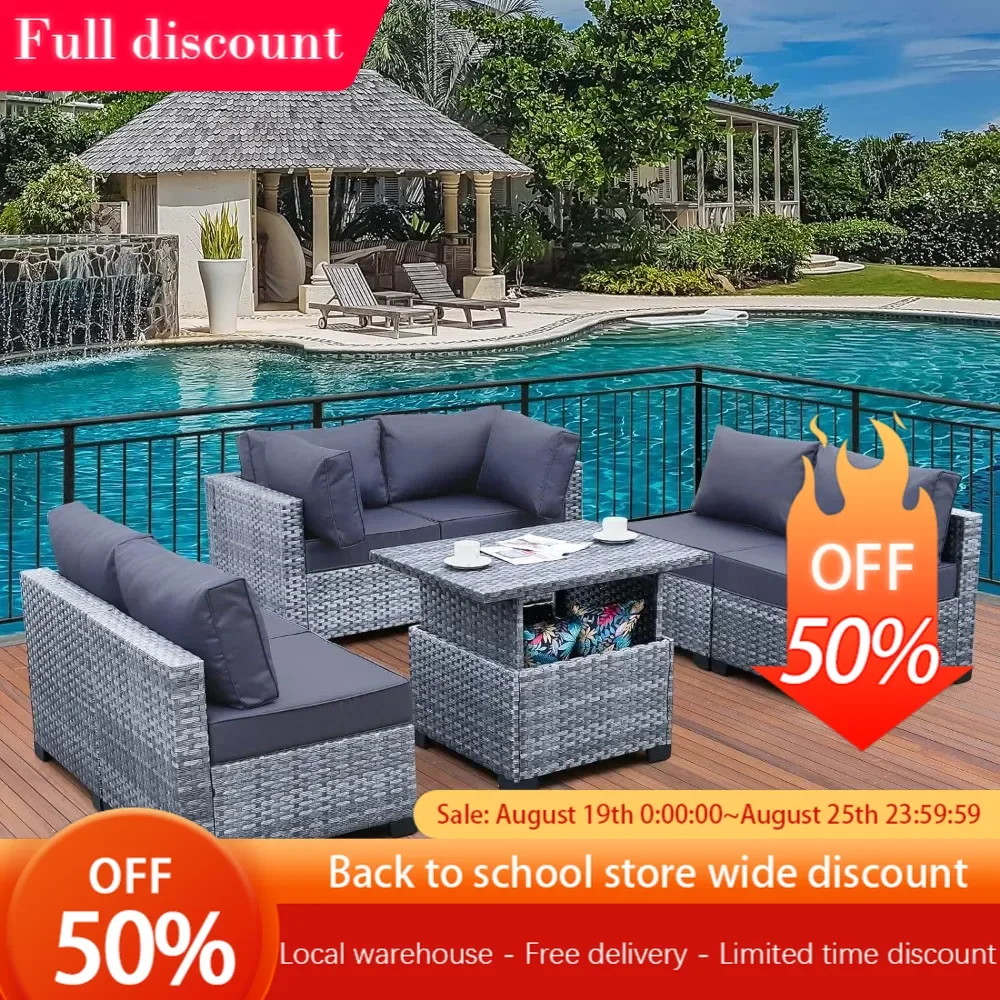 

7 Pieces Wicker Patio Furniture Set PE Rattan Outdoor Conversation Sofa Set with Liftable Storage Table and Non-Slip Cushions