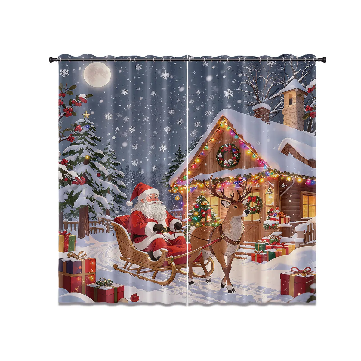 2 Stück perforierte Verdunkelungsvorhänge mit Weihnachtstadt-Aufdruck, Wohnzimmerisolierung in mehreren Größen, Feiertagsdekoration, maschinenwaschbar