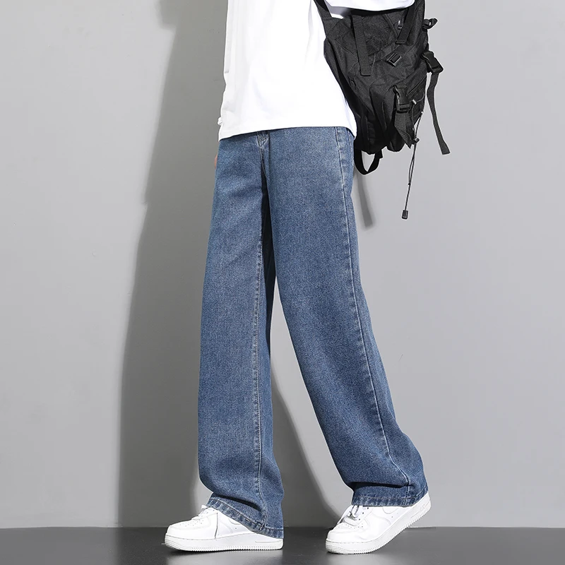 2026 New Korean Men's Casual Long Jeans Classic Man Straight Denim Wide-leg Pants Solid Color Light Blue Grey Black, image 5