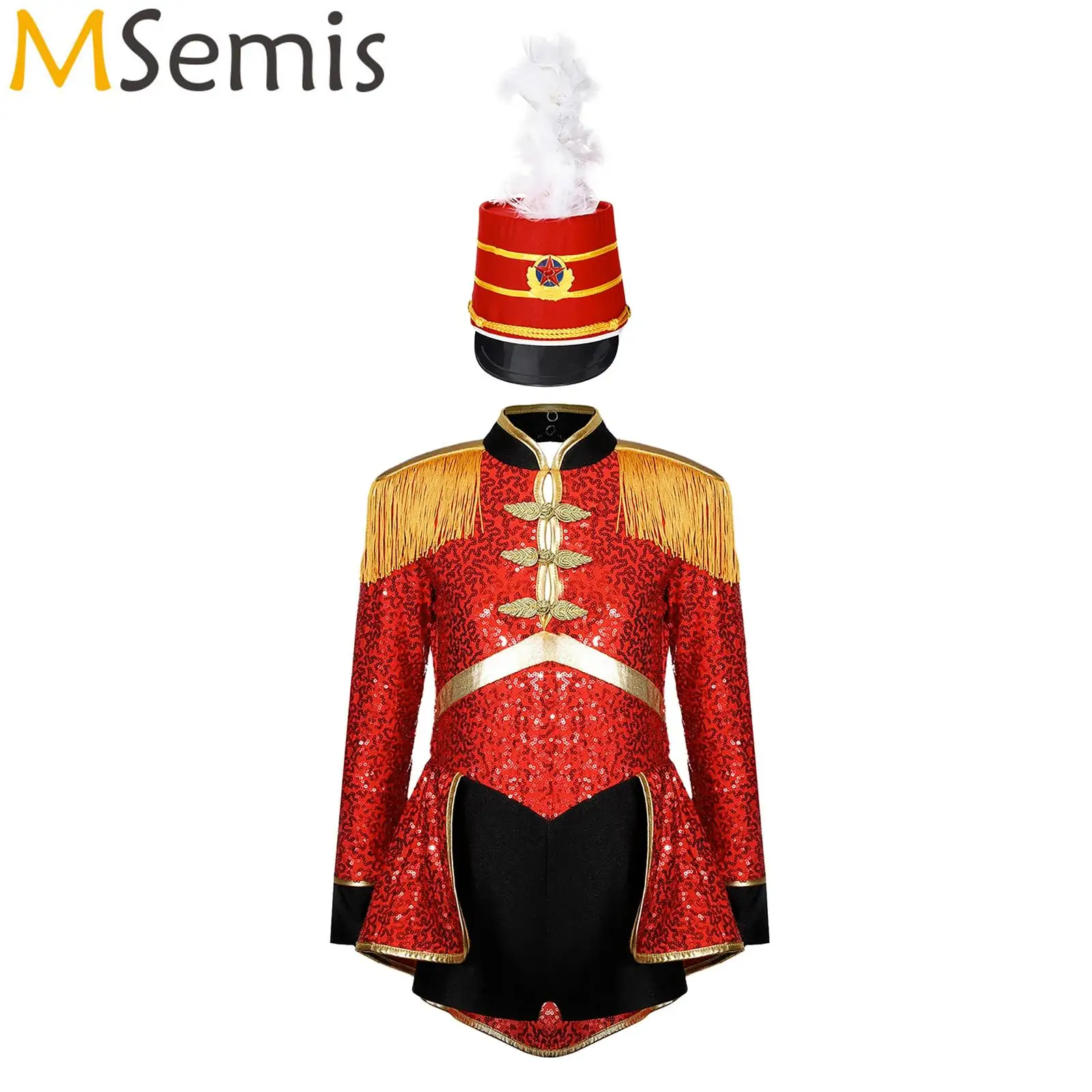 Kids Girls Circus Drummer Cosplay Costume Long Sleeve Fringe Epaulet Sequins Bodysuit with Mini Top Hat Drum Team Hat Accessory