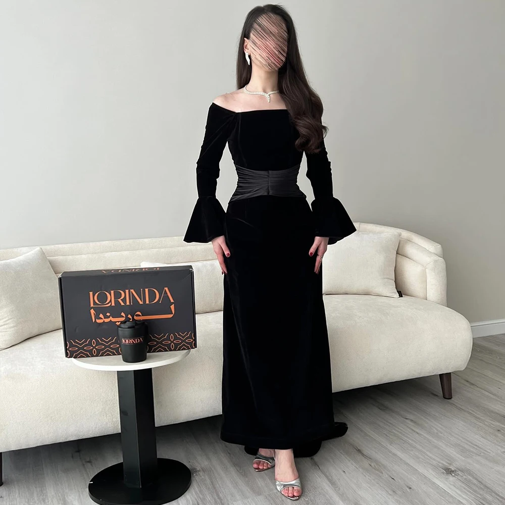 

Simple Black Off the Shoulder Women's Evening Dress Customized Vestido De Festa Flare Sleeves Ankle Length Straight Party Dress
