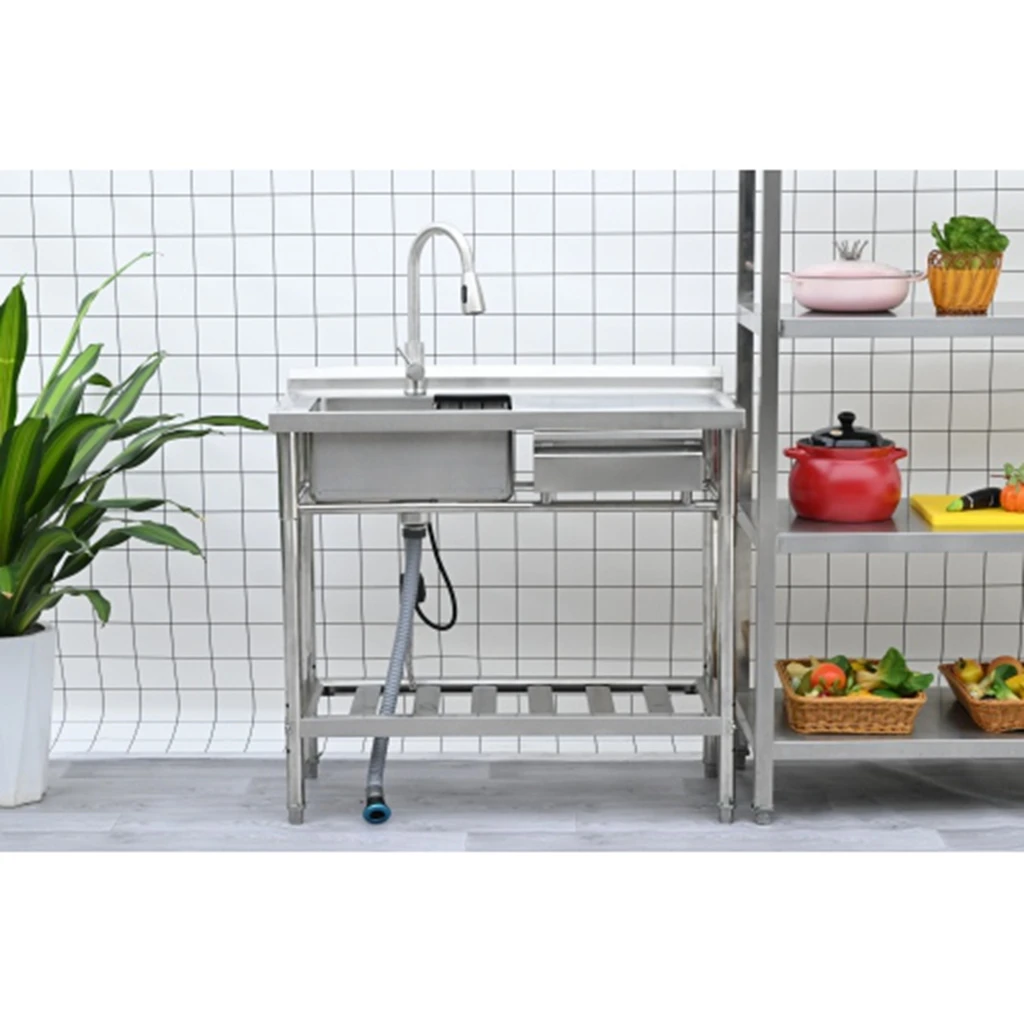 Mehrzweckwaschbecken aus Edelstahl, freistehendes Waschbecken, ausziehbares Wasserhahn-Design, mehrere Speicherräume, leicht zu reinigen und bequem
