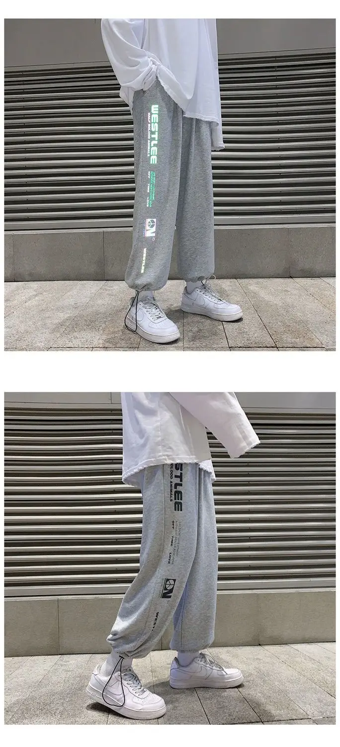 Homens reflexivos letras sweatpants estilo coreano solto ajuste corredores calças de perna reta casual streetwear calças moda ao ar livre