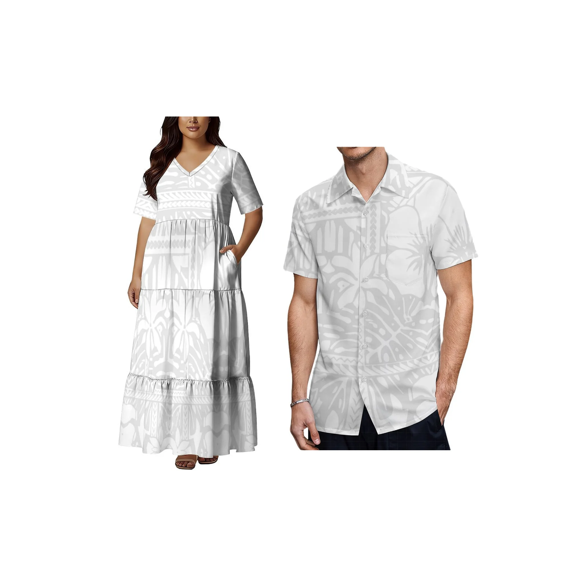 

Custom Logo Ladies V-Neck Short Sleeve Dress White Sunday Polynesian Tribal Print Ruffle Tiered Dress