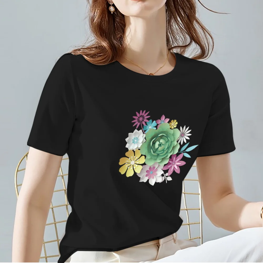 Klassische Frau T-Shirt Pendler Casual Top Trend 3D Blume Muster Top Rundhals Damen Slim Fit Schwarz Kurzarm Kleidung