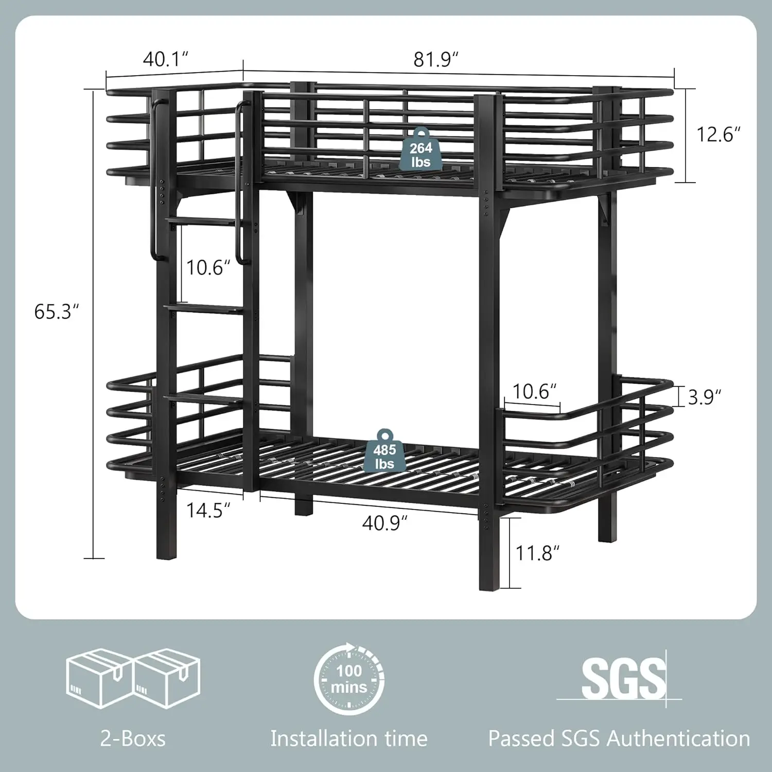 Twin Over Twin Heavy-Duty Metal Bunk Bed, comes with high guardrail and ladder featuring handrails & wide steps, Customized