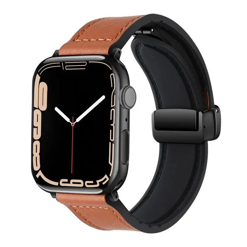 Magnetarmband für Apple Watch Band 44 mm 40 mm 45 mm 41 mm Echtleder + Silikonarmband iWatch Serie 9 8 7 6 SE Ultra 2 49 mm