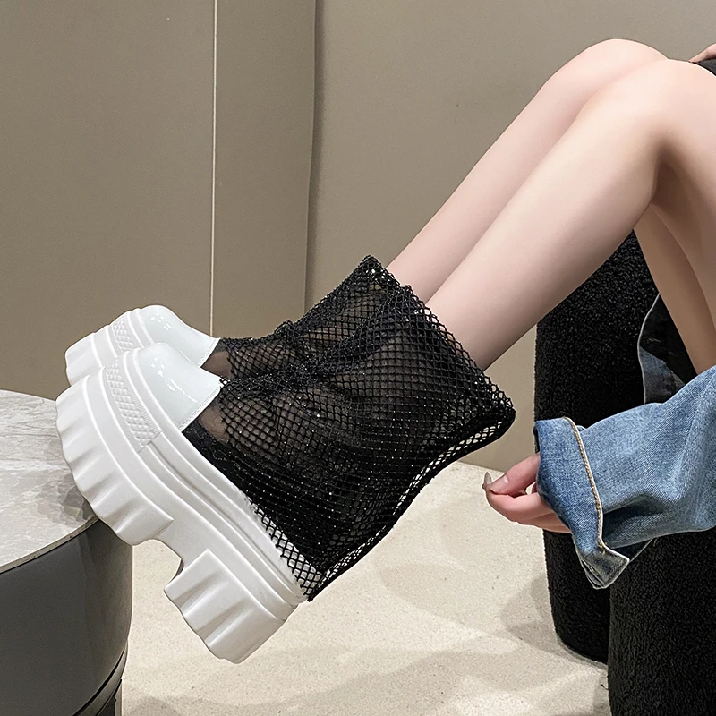 14cm Designer Summer Platform Ankle Boots for Women Black White Mesh Breathable Sandals Casual Shoes Woman Thick Bottom Booties