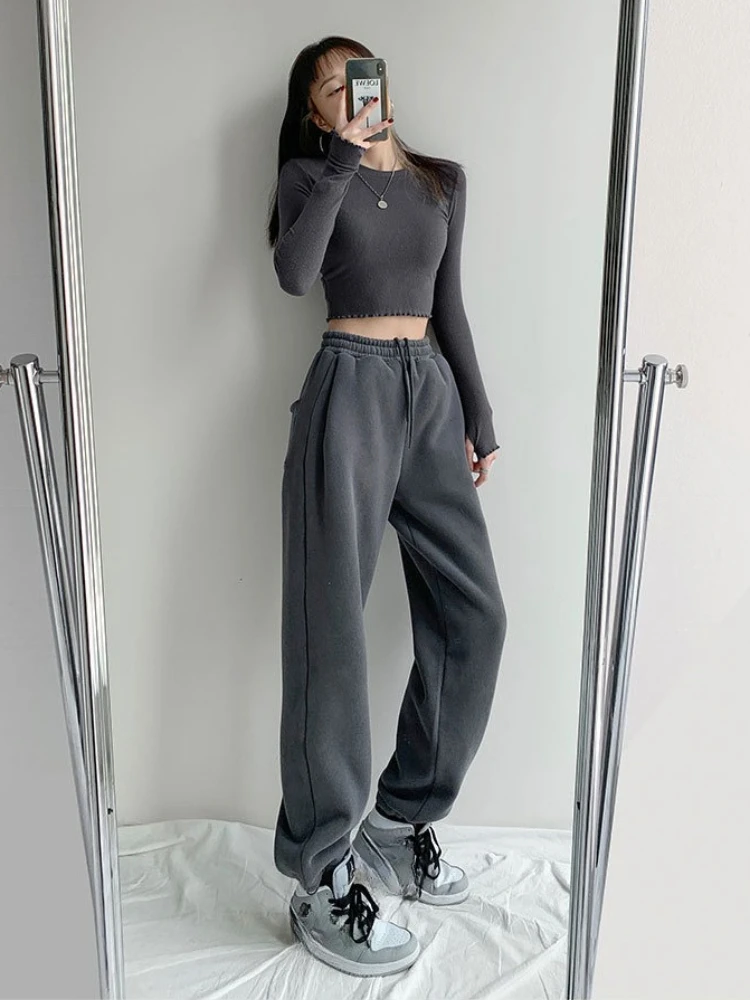 Herbst Winter Dicke Warme Sport Hosen frauen Kordelzug Baumwolle Hosen Hohe Taille Beiläufige Lose Bequeme Sport Jogginghose