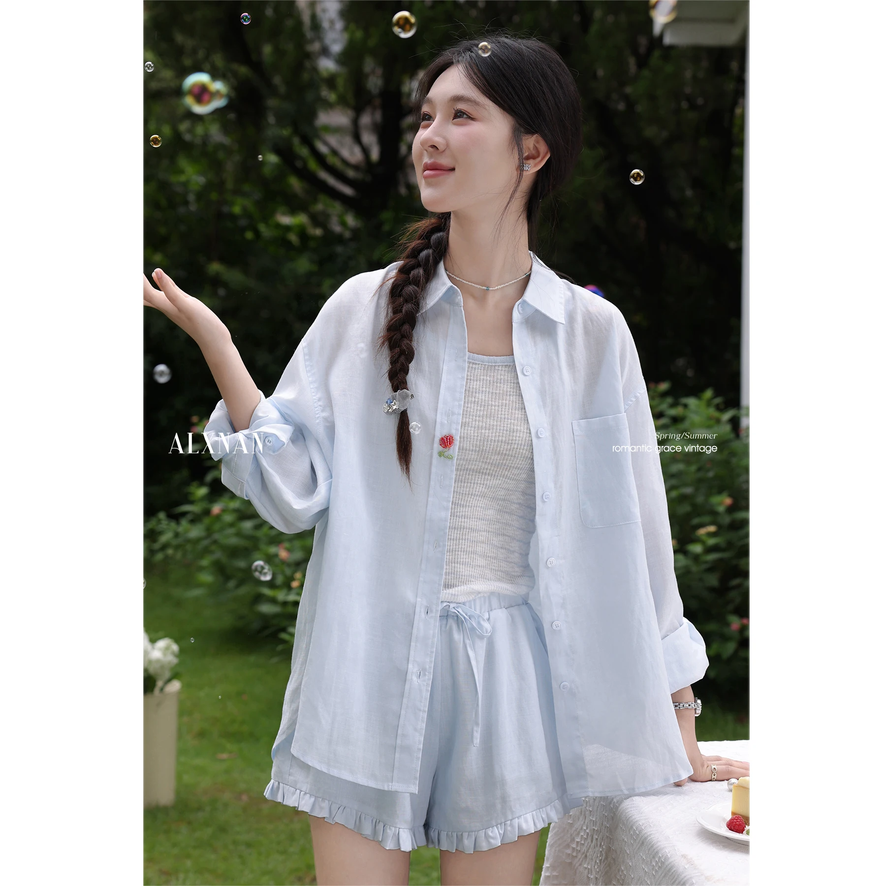 

ALXNAN Blue Shirt Sun Protection Casual Loose-fit Long Sleeve Blouse 2025 Summer Office Lady Thin Fashion Female Clothing L56568