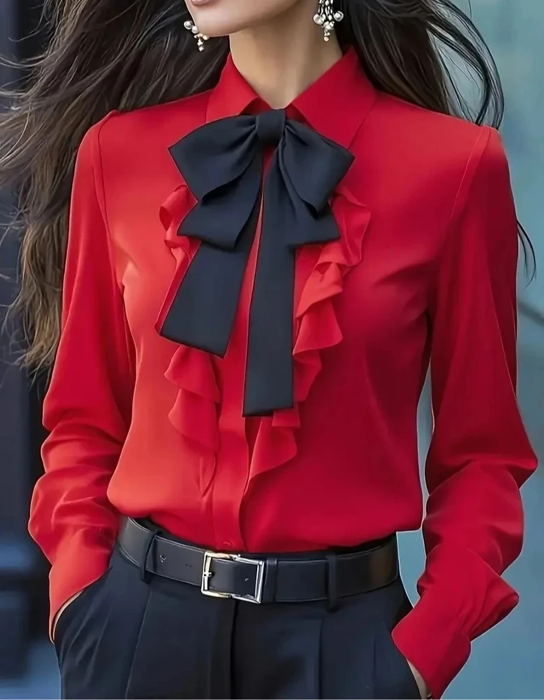 

Women's Formal Shirt Collar Bow Tie Ruffles Long Sleeve Blouse