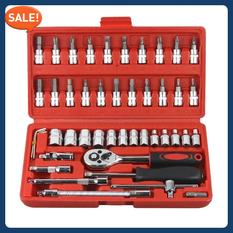 Hot sale of 46 popular automotive repair tool kits, 1/4 inch socket set, socket torque wrench combination repair tools.