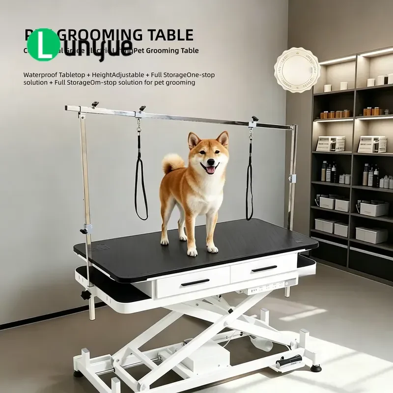 Electric Lifting Pet Grooming Table with Drawer Waterproof Plastic Top Sturdy Steel Frame Adjustable Height for Dog Cat