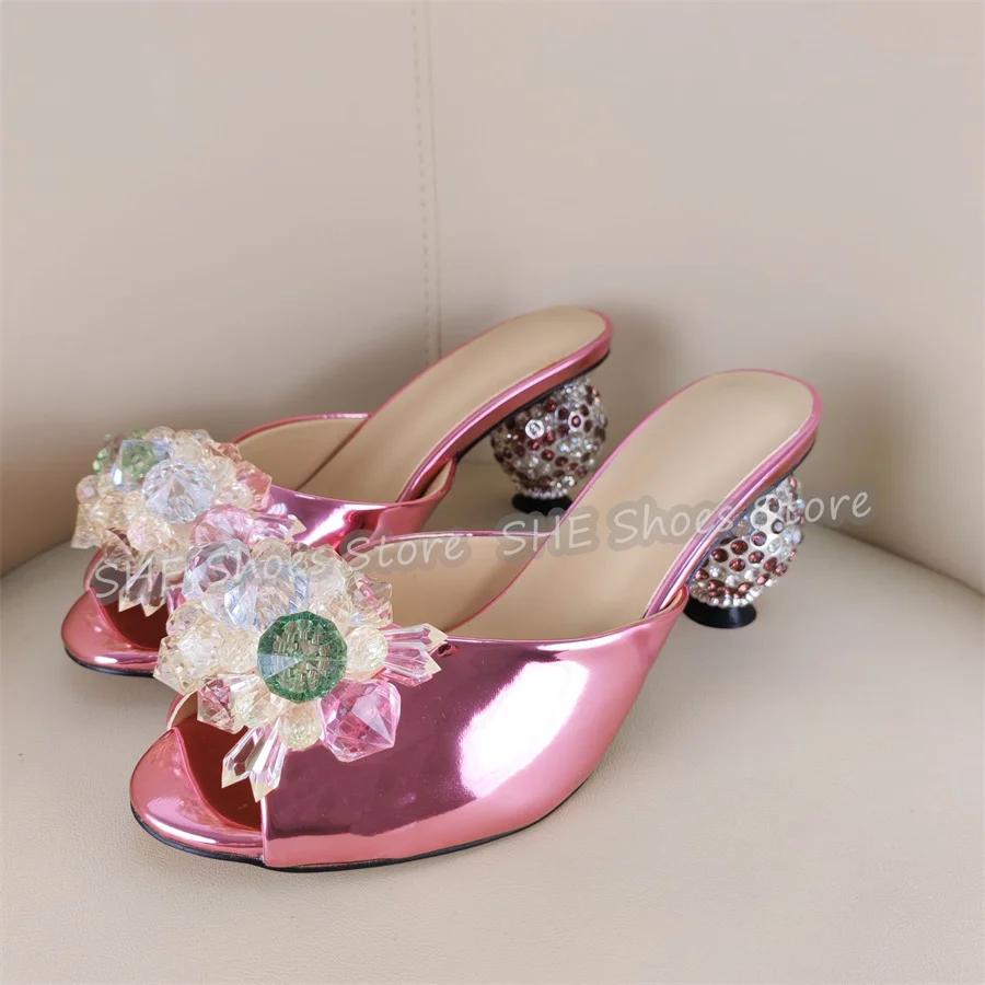 Ball Design Rhinestone Heel Women Peep Toe Mules Bling Crystal Flower Decor High Heel Pumps Summer Shallow Party Dress Slippers