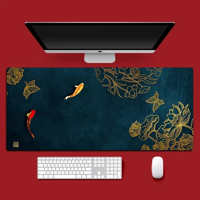 Japanische Schreibtischunterlage, grün und goldfarben, Mauspad, Koi-Fisch, Sonne, Wolke, Japan, Kunst, Siegel, Sonnenaufgang, dunkler Sonnenuntergang, großes XXL-Mauspad, Gaming-Schreibtischunterlage