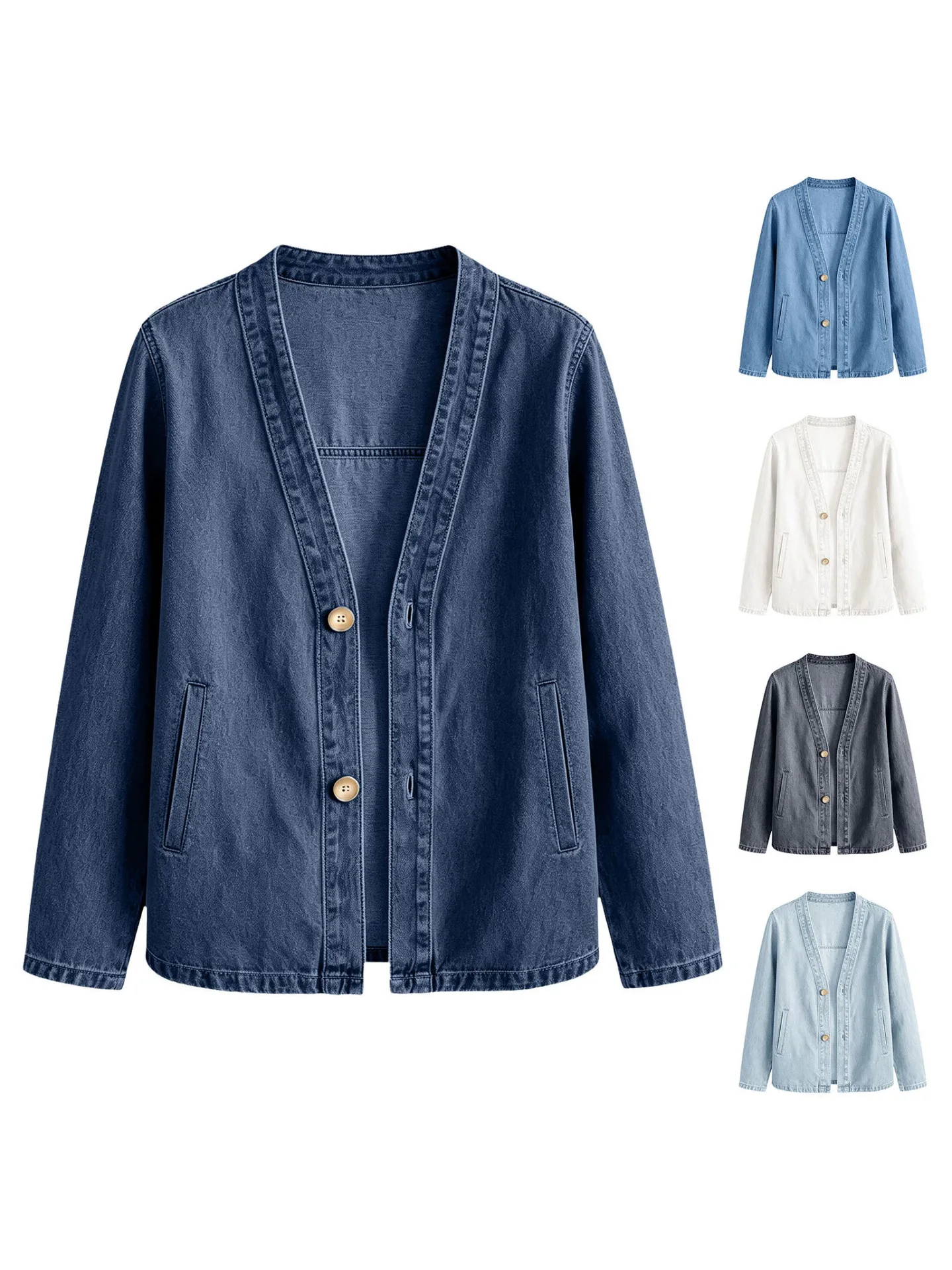 Women V Neck Denim Jacket Long Sleeve Two Button Front Casual Loose Cropped Jean Coat Side Pockets Multi Color Outerwear