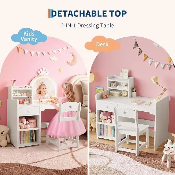 Kids Vanity with Lights, 2 in 1 Princess Makeup Vanity Desk & Chair Set, Toddler Vanity Table with Open Bookshelf for Girls image 6