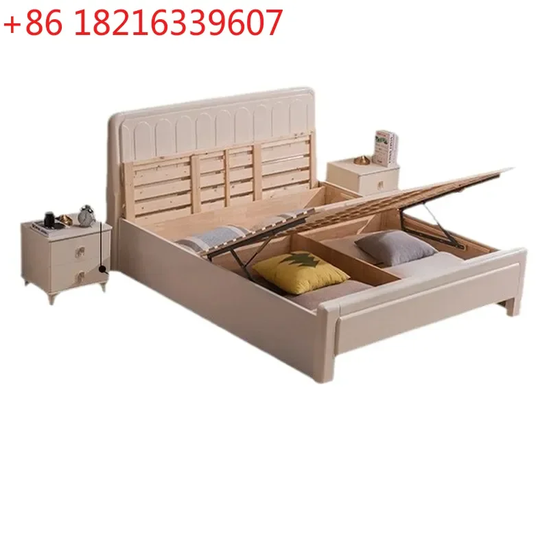YAOModern Simple Solid Wood Bed 1.8m Cream Style Double Bed for Master Bedroom Light Luxury Design with Storage Function