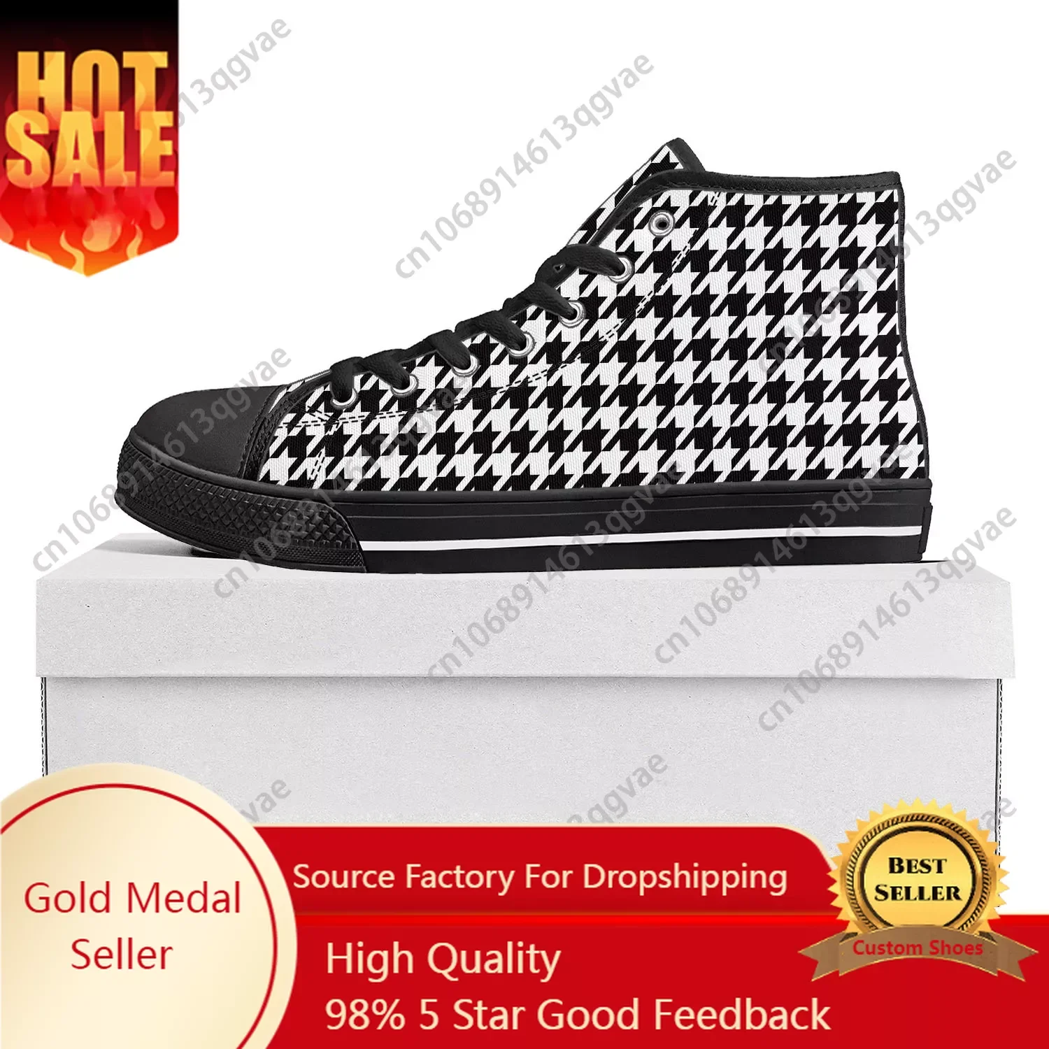 Sapatilhas com padrão Houndstooth masculino e feminino, sapatilha de lona, sapatos personalizados, alta qualidade, preto, casual, casais, adolescente, top