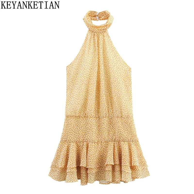Keyanketian 2025 verão novo feminino halter floral mini vestido férias vento em camadas babados decoração magro sem costas vestidos de impressão