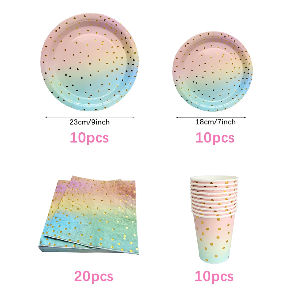 Regenbogen Geburtstag Einweggeschirr Gold Dot Farbverlauf Teller Tassen Servietten für Mädchen Regenbogen Party Dekoration Hochzeitszubehör – Detail 4