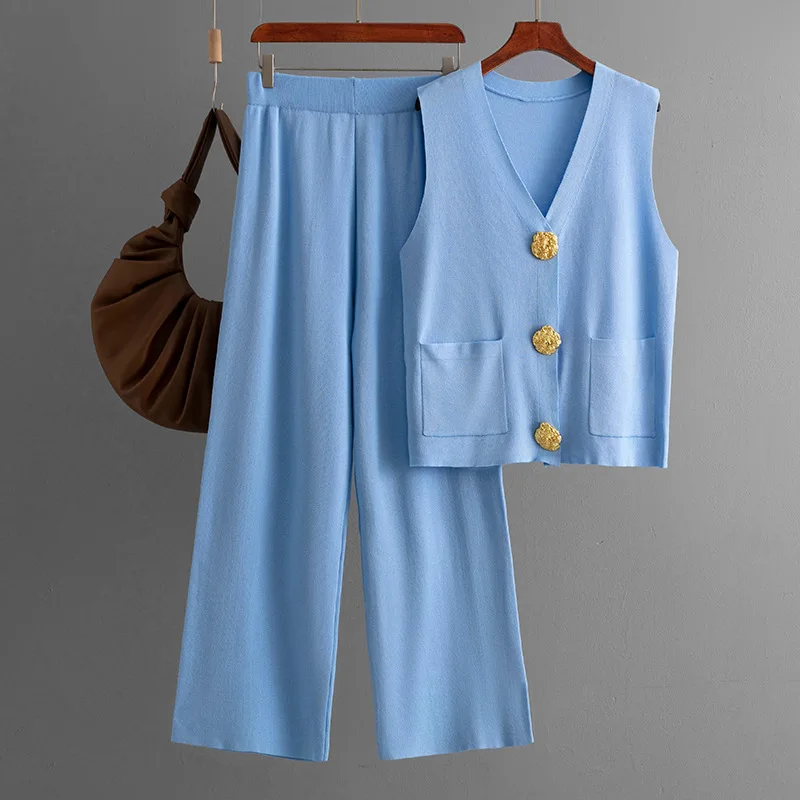 Goldknopf V-Ausschnitt Westen-Set 2025 Neu im Sommer Pullover-Set mit Weiter Weitem Bein Langer Hose 2-teilig Damenmode