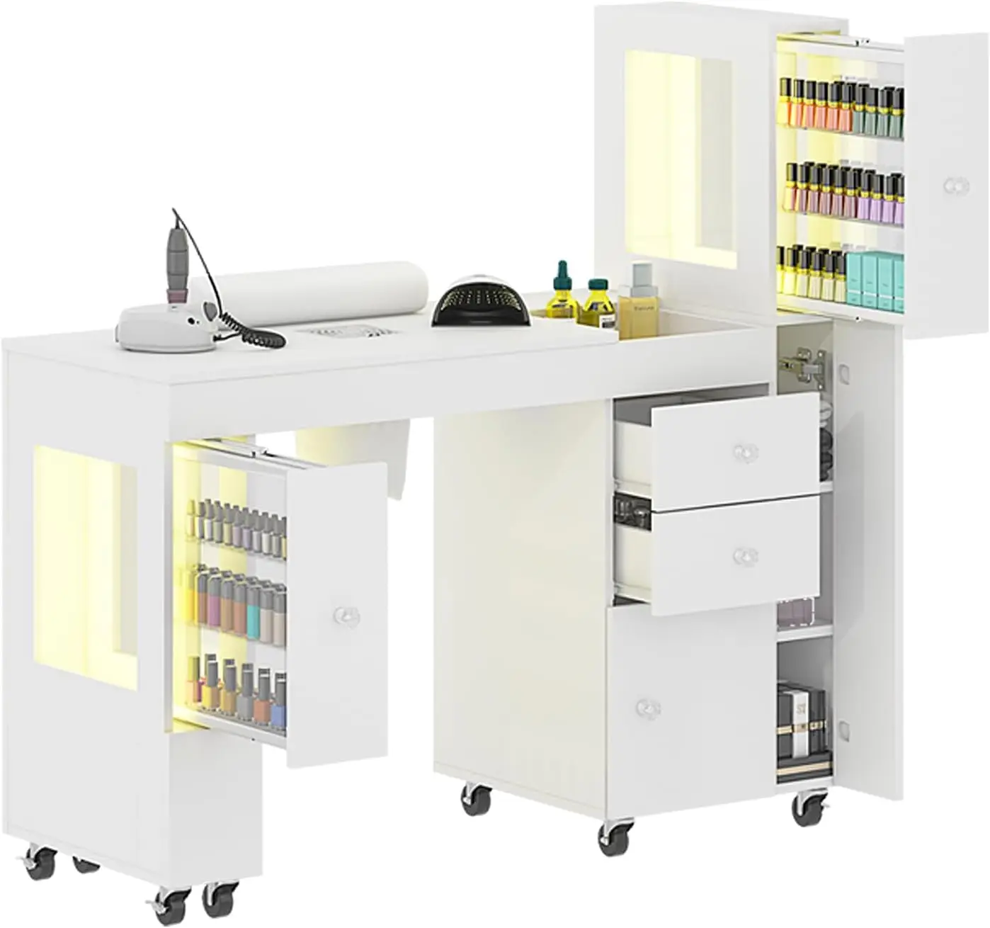 

Manicure Table for Nail Tech w/ LED Light Display Cabinet, Nail Desk with Lockable Wheels, Dust Collector, Drawers, Wrist Rest, Acetone-Resistant, for Beauty Salon, Spa & Home Workstation (White)