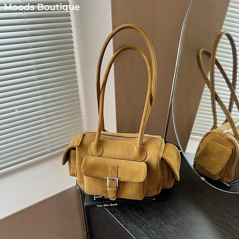 

Multi-pockets Mini Shoulder Bags For Women Faux Suede Pure Color Satchels Bag 2025 Autumn New Casual Street Small Square Handbag