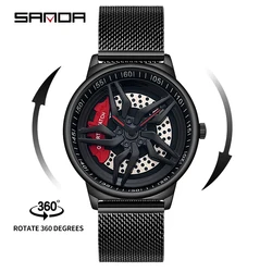 SANDA P1062 3D Real Man Waterproof Rotate Quartz Watches Super Car Rim Spinning Men's Sports 360 Wheel Wristwatch For Men Clock