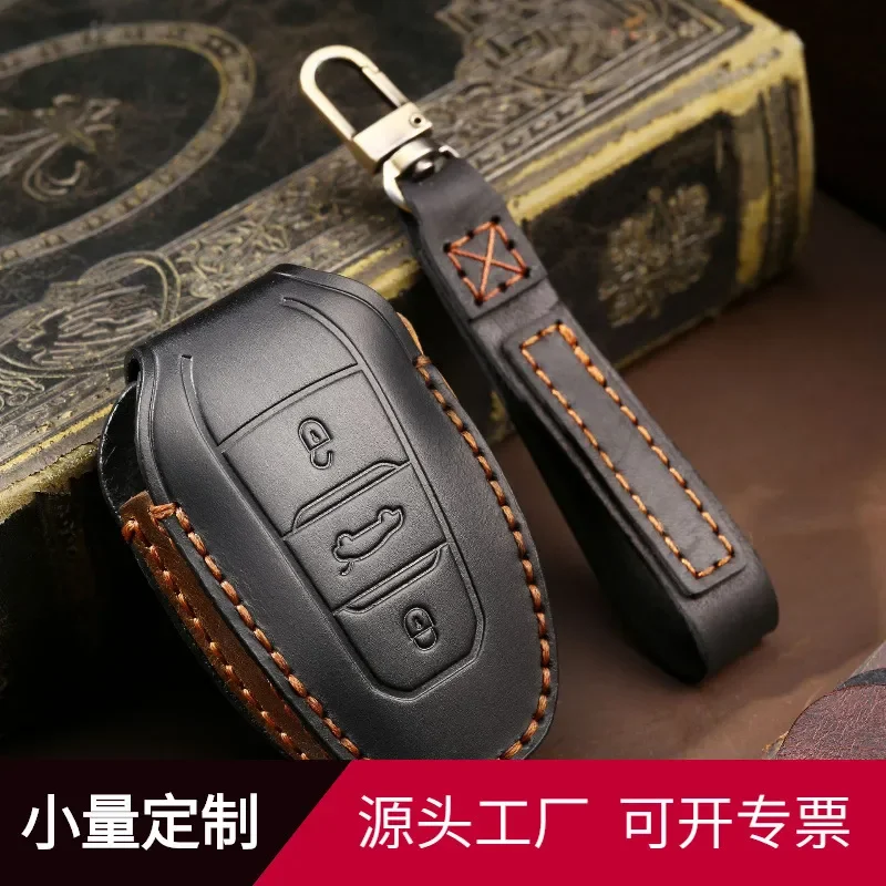 for Peugeot Dongfeng Citroen Crazy Horse Leather Key Case Pure Handmade Car Key Cover Bag New