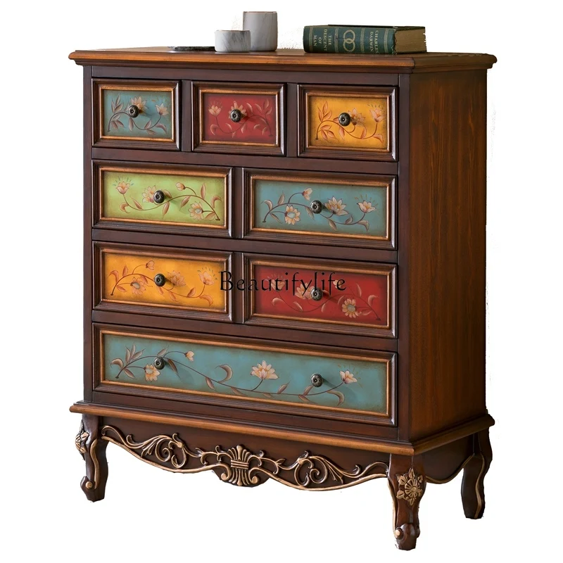 

European solid wood American country entrance five-drawer cabinet carved dining side storage and finishing cabinet