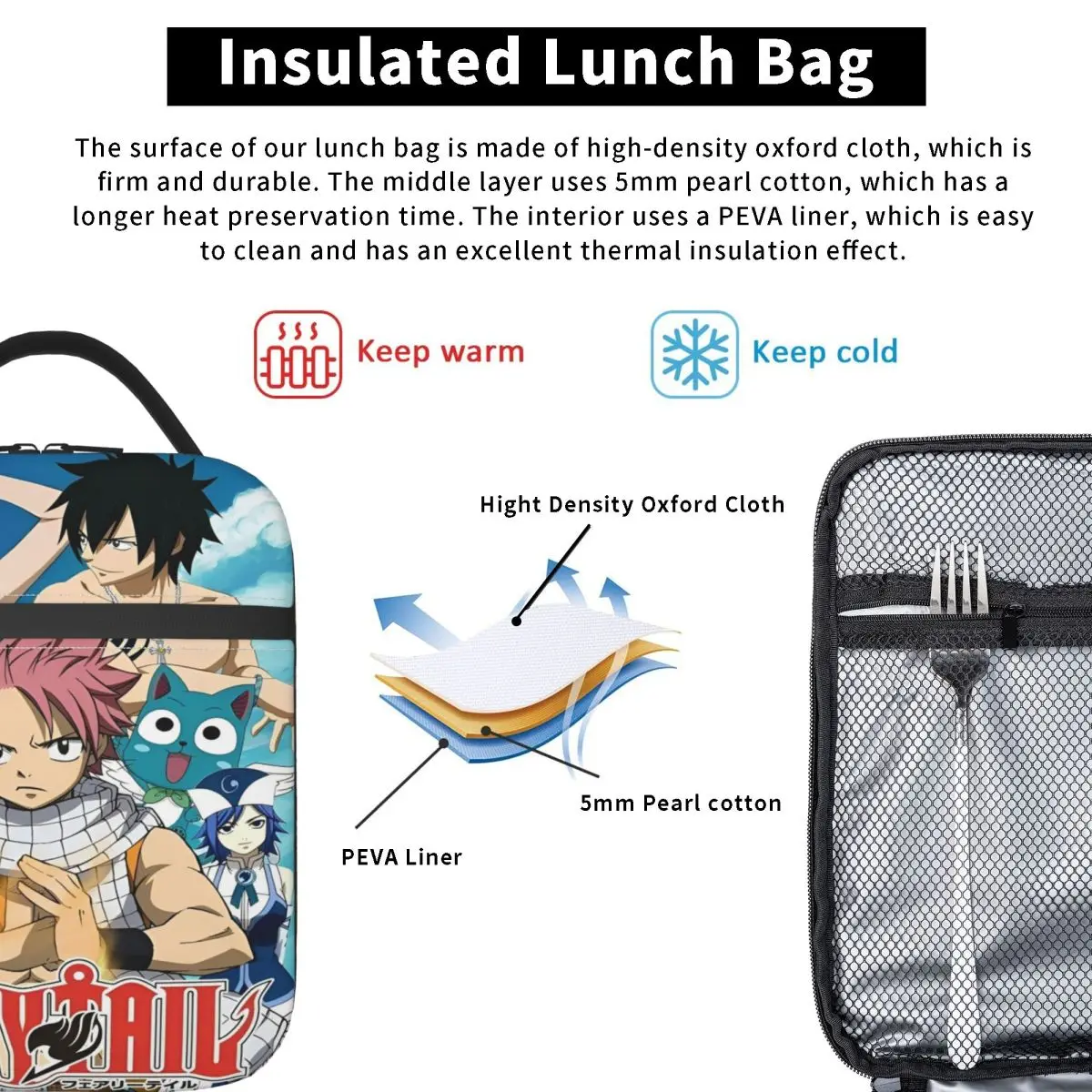 حقيبة غداء معزولة من Happy Fairy Tail Manga للرجال والنساء، حقيبة طعام محمولة، صندوق غداء حراري مبرد للمكتب المدرسي