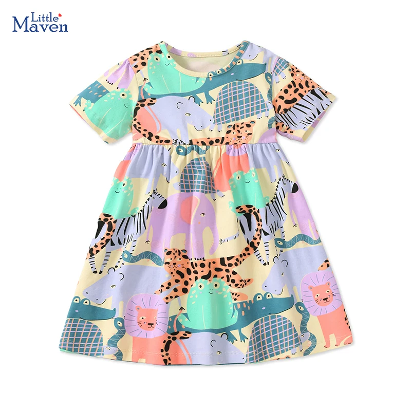 Little maven 2024 Party Children \'s Clothing for Kid Clothes for Baby Girls Summer Cotton Cartoon Rainbow Kids Dresses