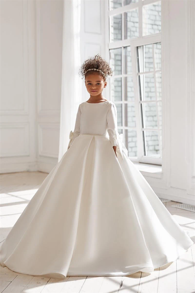 Vestido de flores de satén blanco para boda, manga larga, hasta el suelo, con lazo, fiesta para niños, primera comunión, cumpleaños, baile