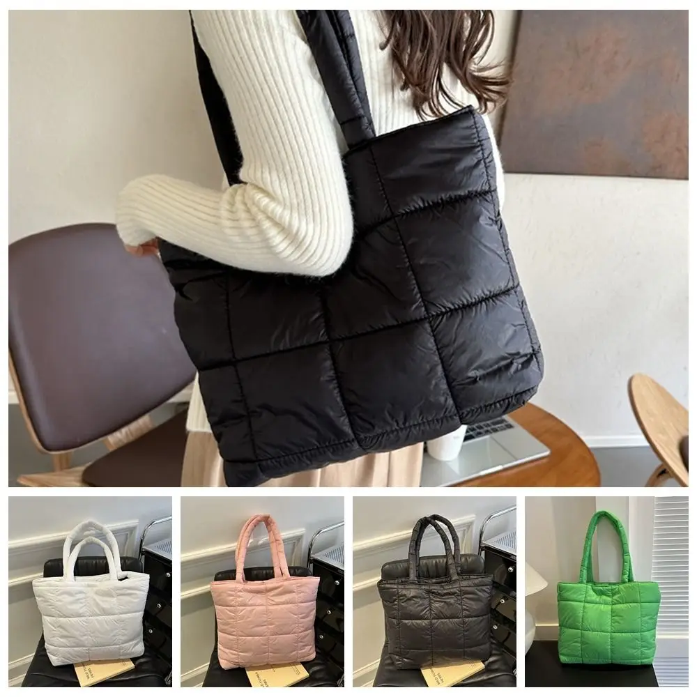 Simple Nylon Space Cotton Handbag Padded Solid Color Cloud Tote Bag Handle Square Puffy Shoulder Bag Daily