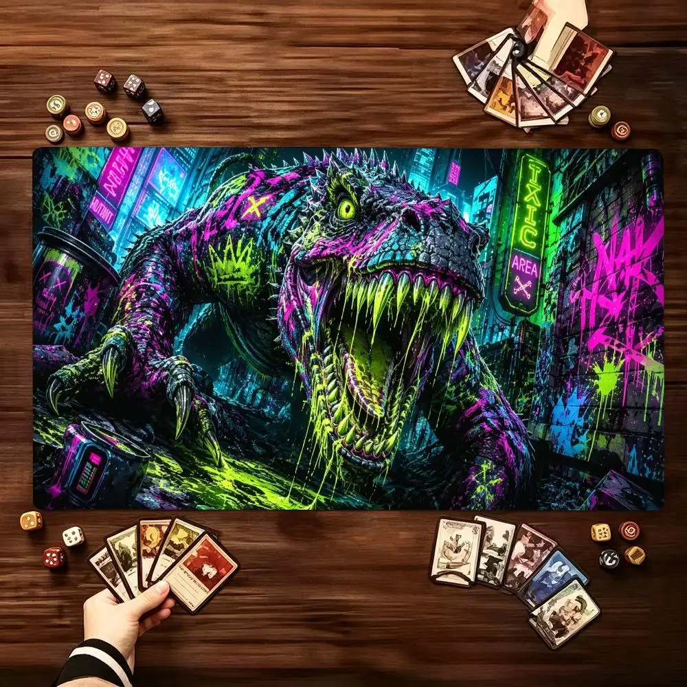 TCG Tabletop Playmat Colorful Neon Dinosaur Cyberpunk Print Large Non Slip RubberPad Smooth Cloth For Trading Card Table Battles