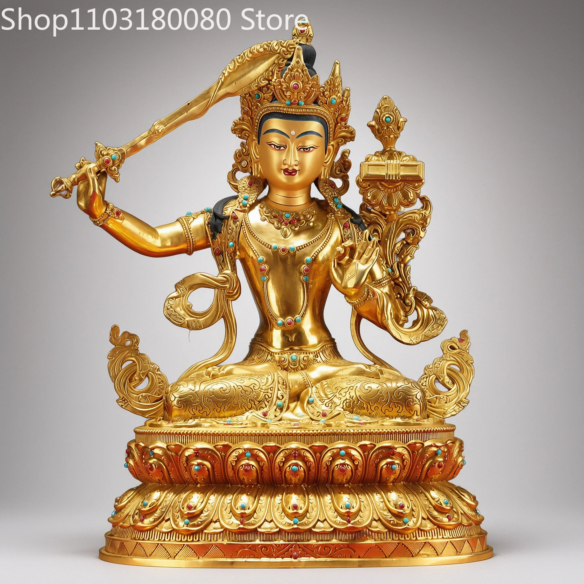 33cm Gilt Brass Manjushri Bodhisattva Statue Tibetan Bodhisattva of Wisdom Figurine Sculpture Altar Home Decor