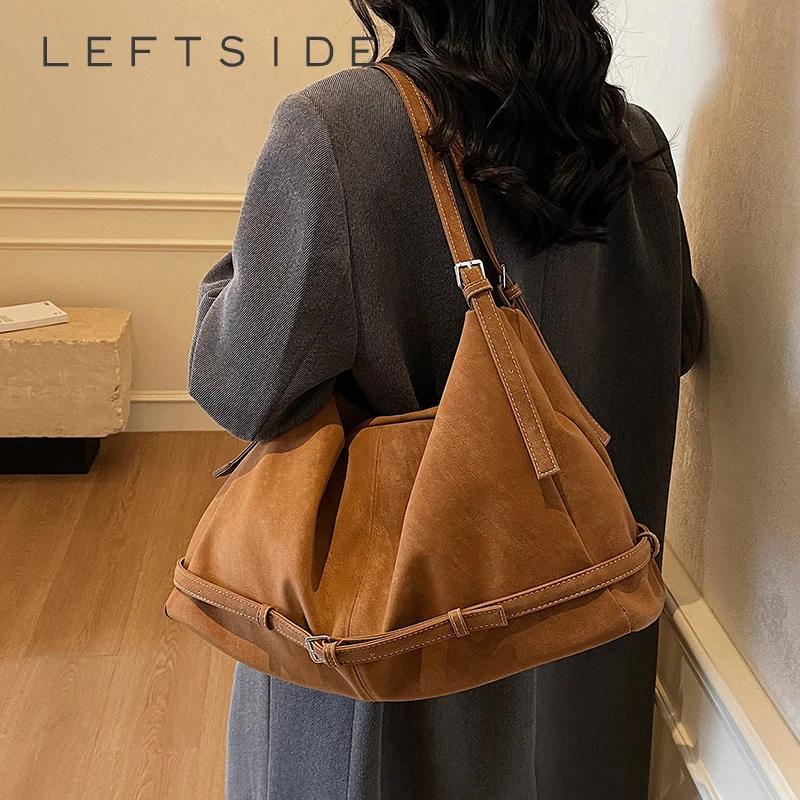 

LEFTSIDE Large Capacity Brown Shoulder Bag Crossbody Bags with Metal Buckle Soft Matte Leather Handbag Purse for Women Daily Use