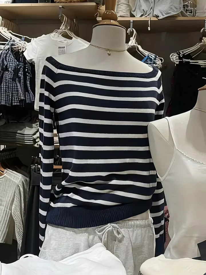 

Полосатый вязаный свитер, женский осенний хлопковый тонкий пуловер с разрезом на шее и длинными рукавами, повседневные милые джемперы в консервативном стиле, топы Y2k